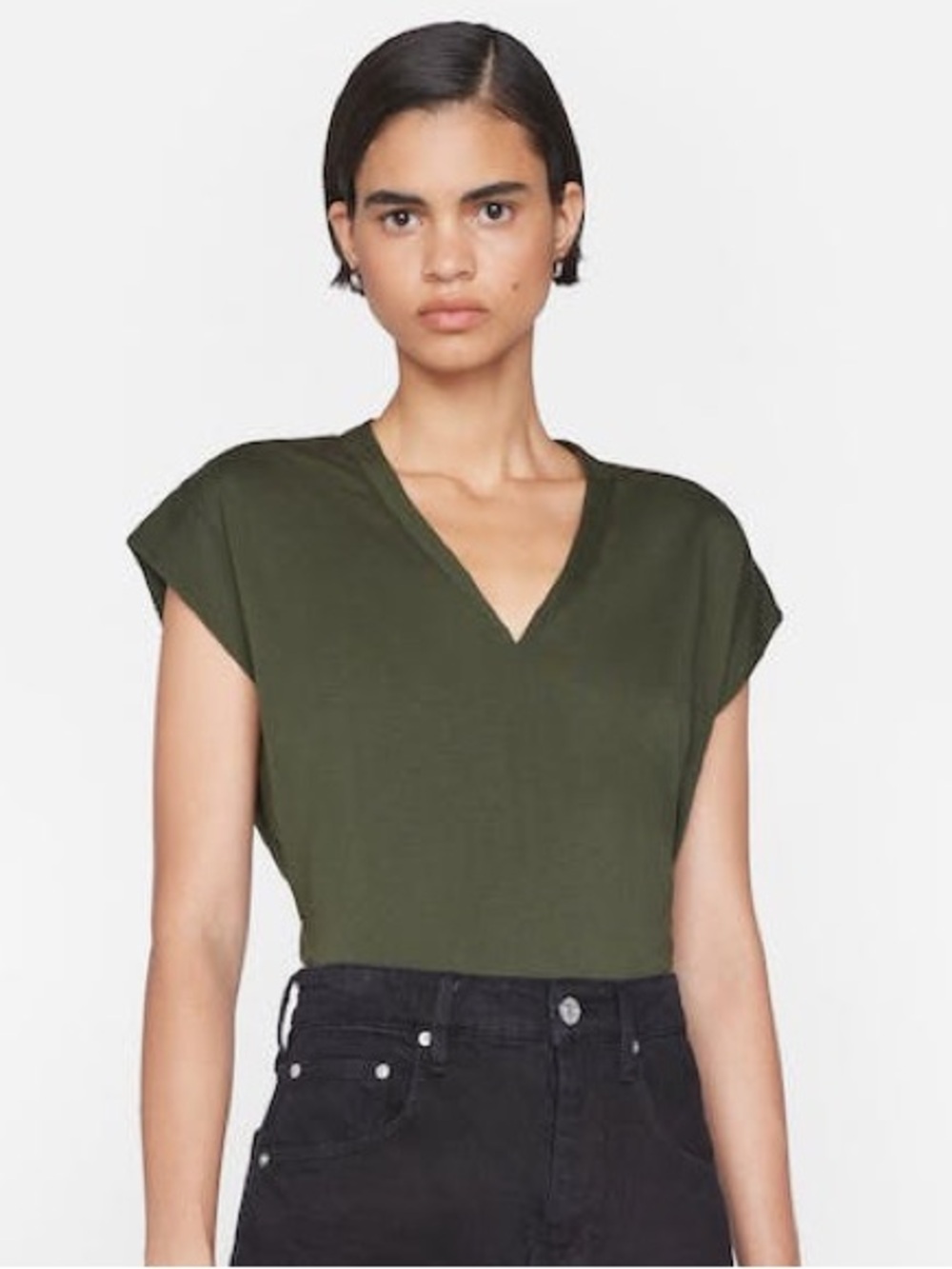 Frame Le Mid Rise V-Neck Tee Surplus Olive Green Short Sleeve Top size M